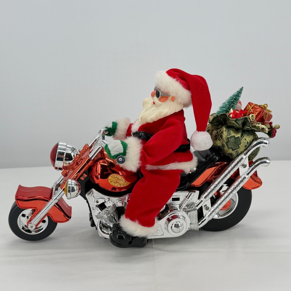 Animated Biker Santa Claus on Red Motorcycle Christmas Decor Sunglasses 10 inch